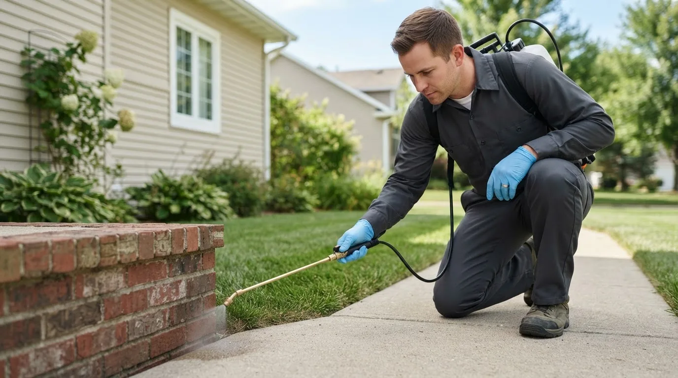 Pest control technician treating a home near Laclede, MO